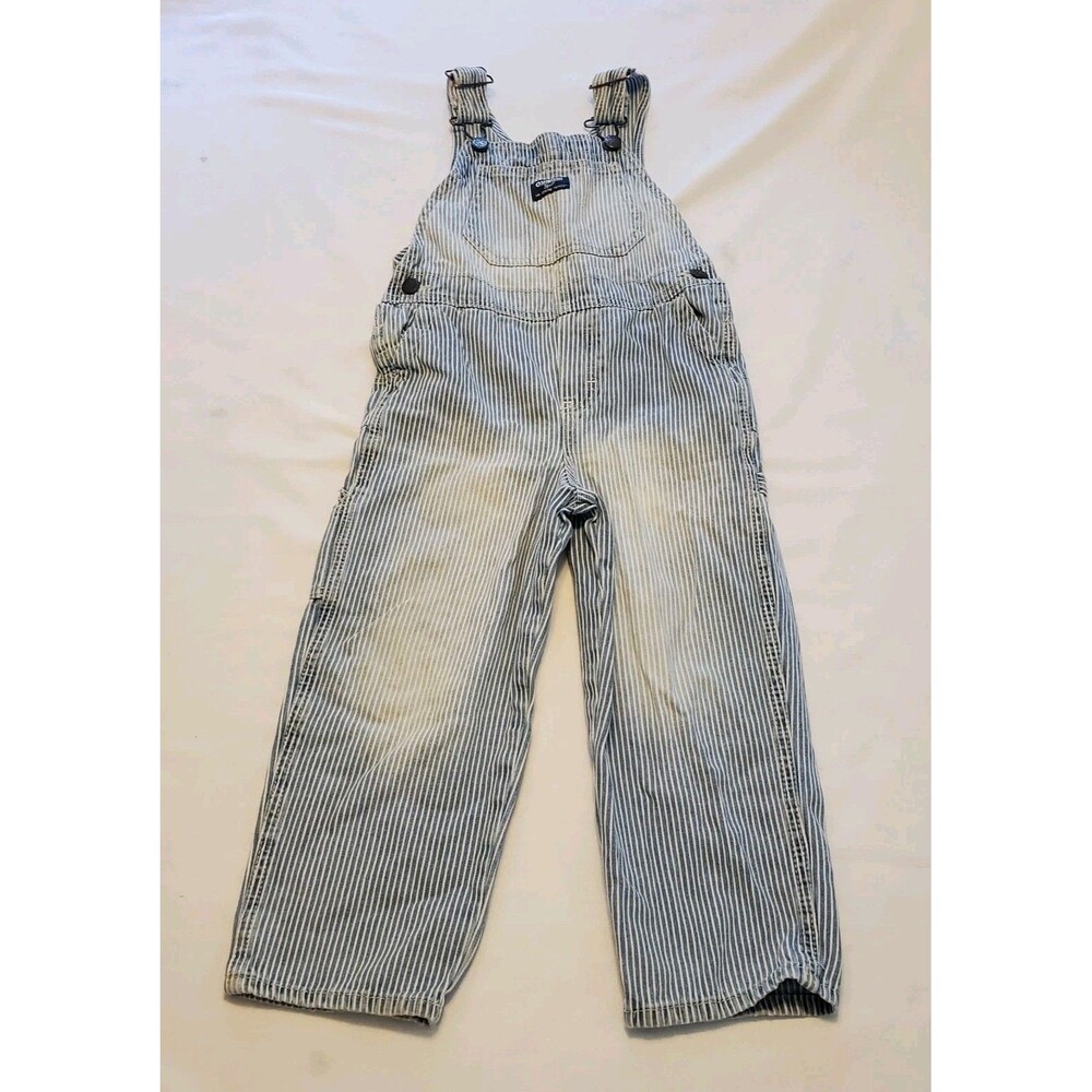 OshKosh Bgosh Kids 5T Hickory Stripe Denim Overalls Blue White Vestbak Bibs Long